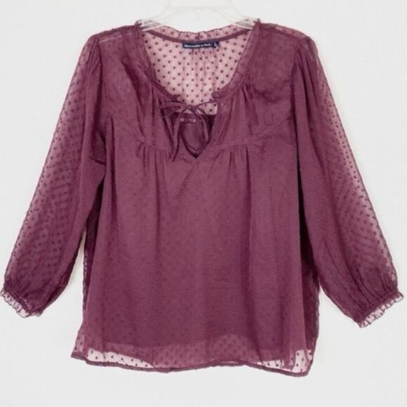 Abercrombie Burgundy Dotted Ruffle Tie Neck Long Sleeve Blouse - Picture 1 of 7